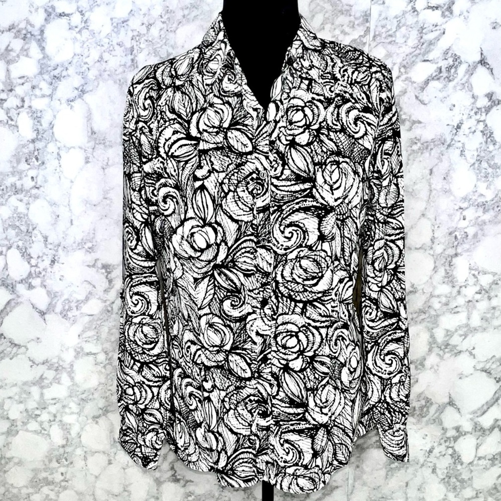 East 5th 90s Black White Floral Rose Button Up Blouse Women’s Medium